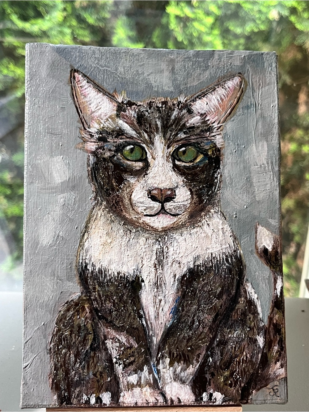 Original acrylic painting of tabby cat “on 5”x7” stretched canvas.